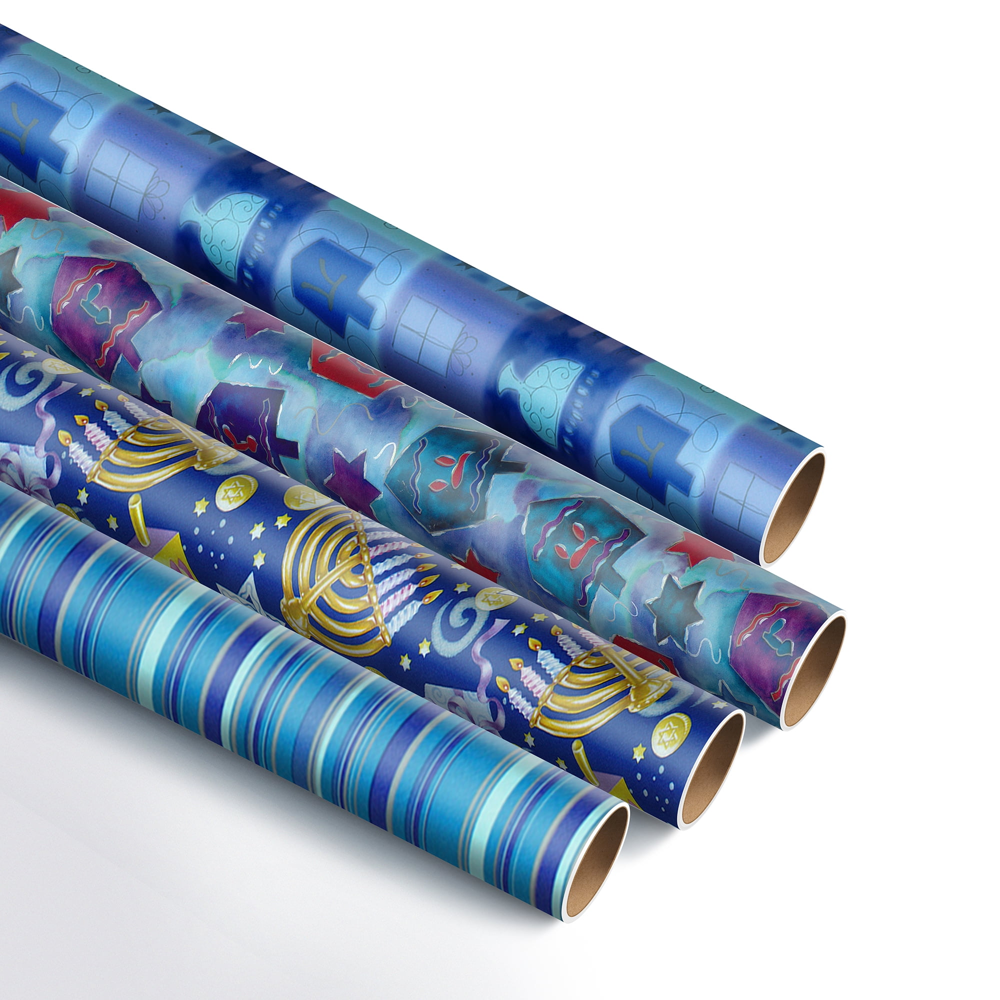 Designer Greetings Glitterwrap Hanukkah Gift Wrap Dreidels, Star of David, Menorahs, Coins and Blue Striped Pattern (4 Rolls/Designs Per Pack, 30 x 192, 40 Sq. Ft.)
