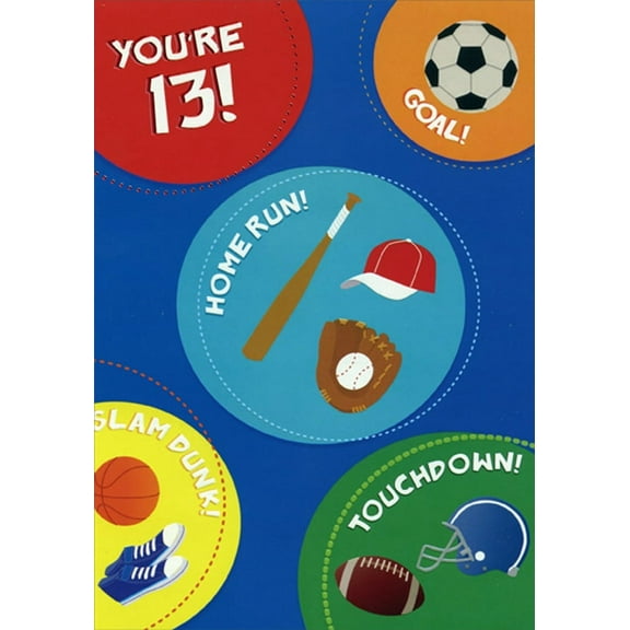 Designer Greetings Goal, Home Run, Slam Dunk, Touchdown Age 13 / 13th Birthday Card for Boy