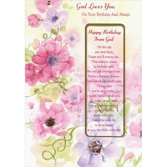 Designer Greetings God Loves You: Pink Flowers Die Cut Religious Birthday Card with Detachable Bookmark