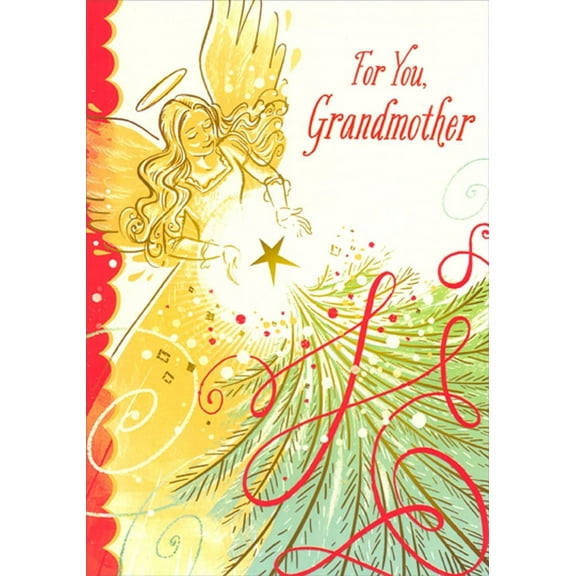 Designer Greetings Gold Angel Placing Star on Tree : Red Swirls Religious Christmas Card for Grandmother