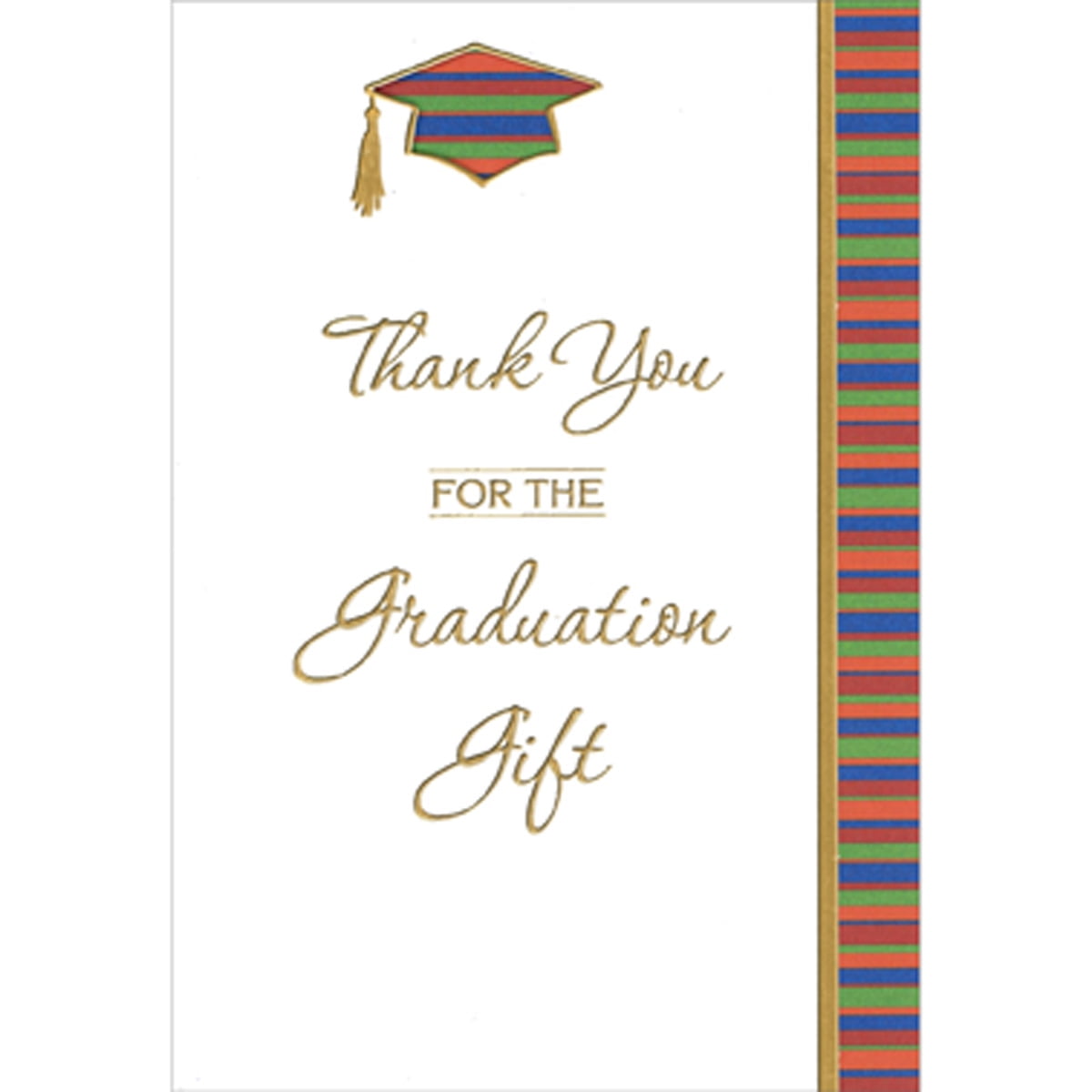 Designer Greetings Gold Foil Bordered Cap, Tassel with Orange, Blue, Red  and Green Horizontal Stripes Package of 8 Graduation Thank You Notes, image size:1200x1200