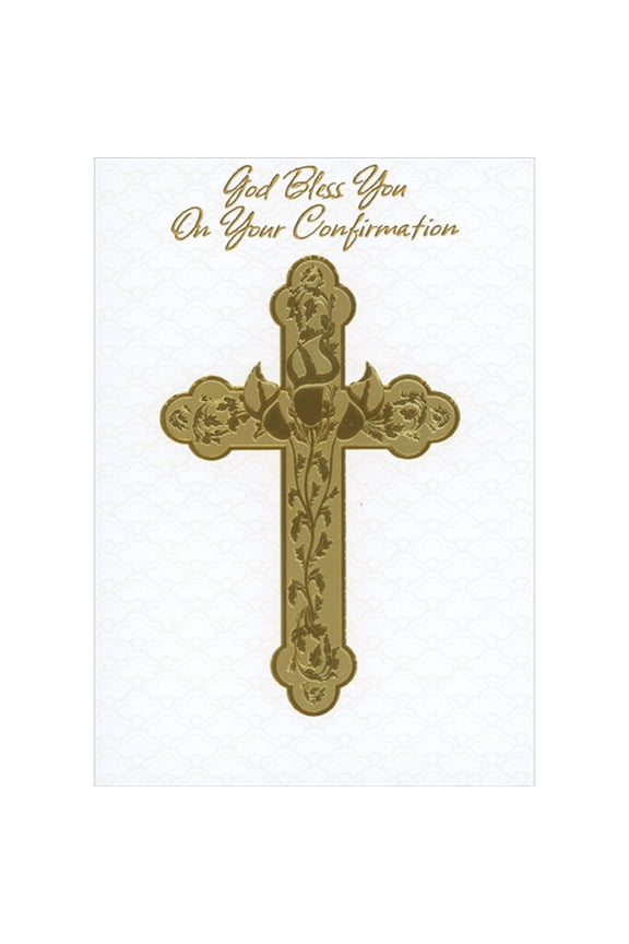 Gold Foil Cross with Gold Foil Cala Lilies and Vines on White Confirmation Congratulations Card