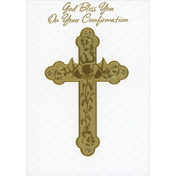 Designer Greetings Gold Foil Cross with Gold Foil Cala Lilies and Vines on White Confirmation Congratulations Card