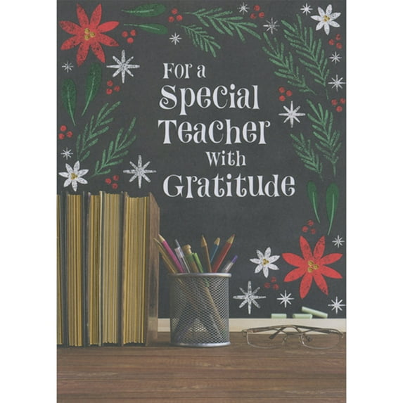 Designer Greetings Gold Foil Lined Books, Pencil Cup and Glasses on Desk Christmas Card for Teacher