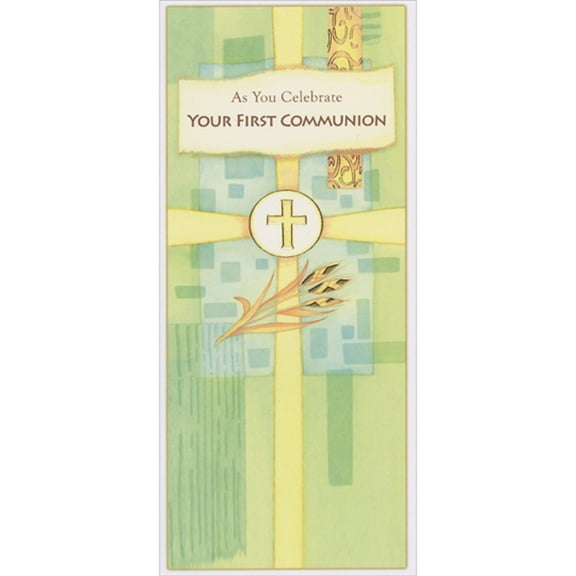 Designer Greetings Gold Foil Outlined Yellow Cross and Wheat Stalk 1st / First Communion Gift Card or Money Holder Congratulations Card