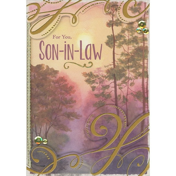 Designer Greetings Gold Foil Swirls on 3D Top and Bottom Borders, Gold Ribbon Over Trees with Red Hue Hand Decorated Father's Day Card for Son-in-Law