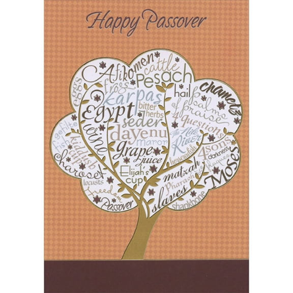 Designer Greetings Gold Foil Tree with Passover Words in Branches Passover Card