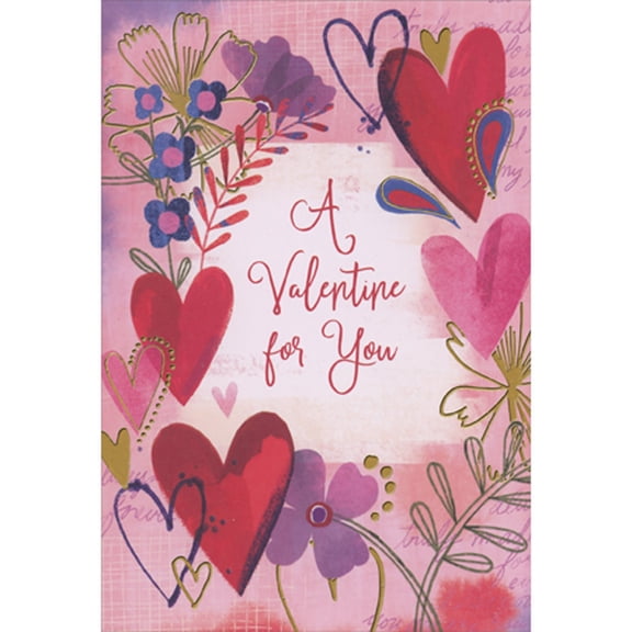 Designer Greetings Gold Foil and Red and Pink Watercolor Hearts and Flowers Valentine For You Package of 8 Valentine's Day Cards