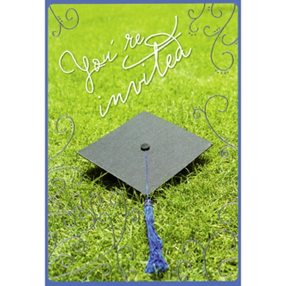 Designer Greetings Grad Cap and Blue Tassel on Grass Photo with Silver Swirls Package of 8 Graduation Party Invitations