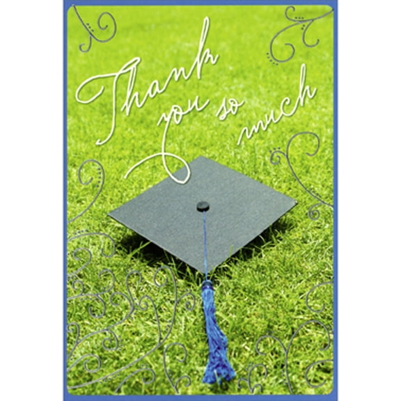 Designer Greetings Grad Cap and Blue Tassel on Grass Photo with Silver Swirls Package of 8 Graduation Thank You Notes