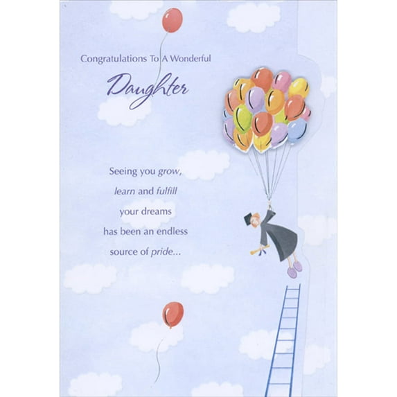 Designer Greetings Grad Floating Above Ladder Holding 3D Tip On Balloons Die Cut Hand Decorated Graduation Congratulations Card for Daughter