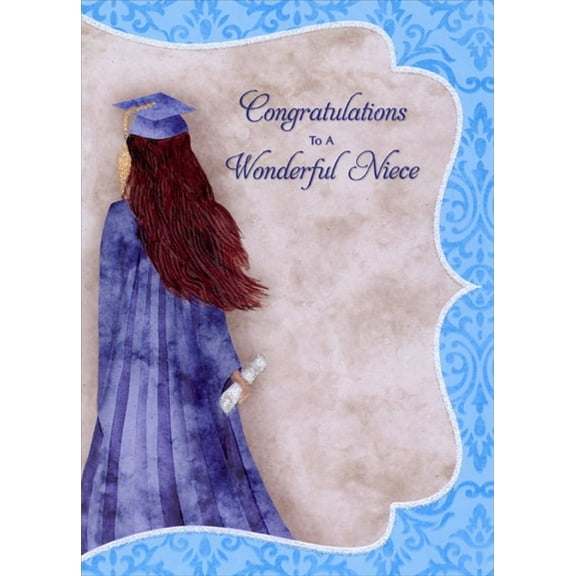Designer Greetings Grad with Flowing Brown Hair Wearing Blue Gown Graduation Congratulations Card for Niece