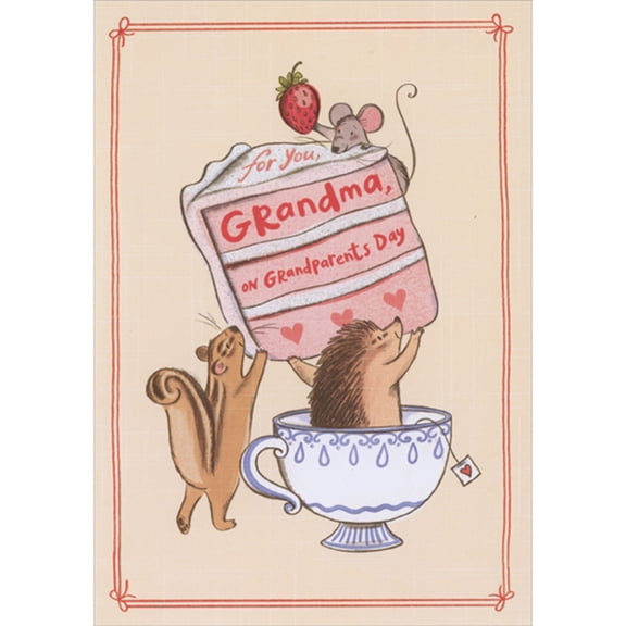 Designer Greetings Grandparents Day Card for Grandma: Animals Holding Slice of Strawberry Cake