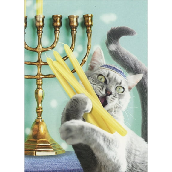 Designer Greetings Gray Cat Balancing Yellow Menorah Candles in Paws Humorous / Funny Hanukkah Card