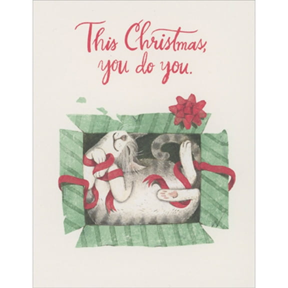 Designer Greetings Gray and White Cat Snuggling Inside Open Gift Box: You Do You Christmas Card