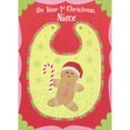 thumbnail image 1 of Designer Greetings Green Bib: Cute Cutout Cookie Holding Candy Cane 1st / First Christmas Card for Niece, 1 of 2