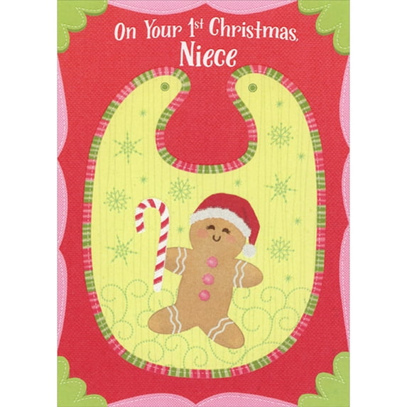 Designer Greetings Green Bib: Cute Cutout Cookie Holding Candy Cane 1st / First Christmas Card for Niece