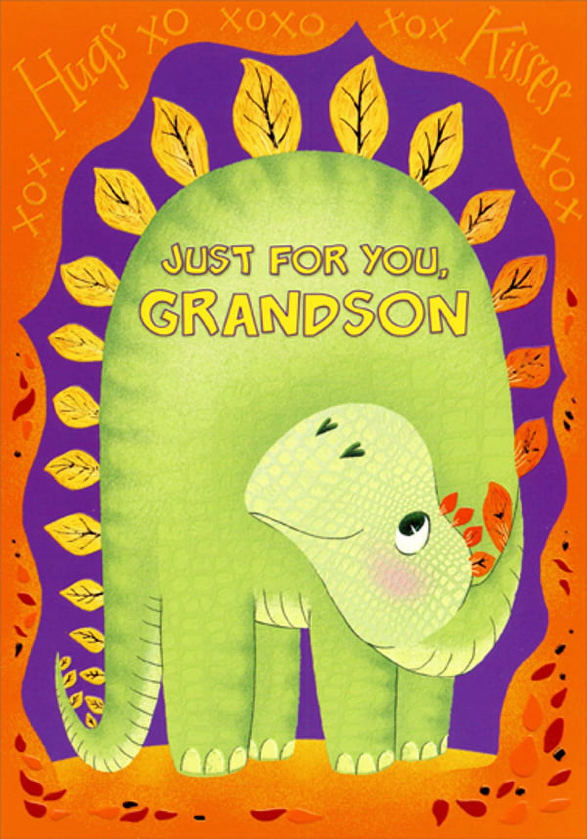 Designer Greetings Green Dinosaur with Yellow Spikes on Purple and Orange Juvenile Thanksgiving Card for Grandson