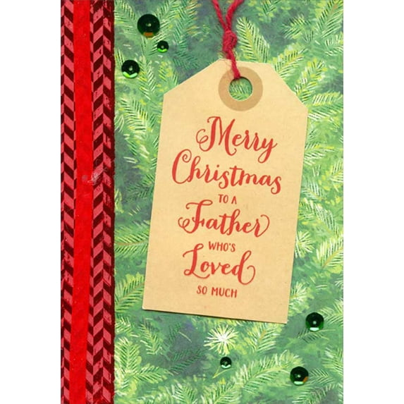 Designer Greetings Green Evergreen Branches : Die Cut 3D Tag and Twine, Green Sequins and Red Ribbon Handcrafted Premier Boutique Keepsake Father Christmas Card