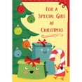 thumbnail image 1 of Designer Greetings Green Foil Tree, Smiley Faced Ornaments, Gifts and Candy Cane Juvenile Christmas Card for Young Girl, 1 of 2