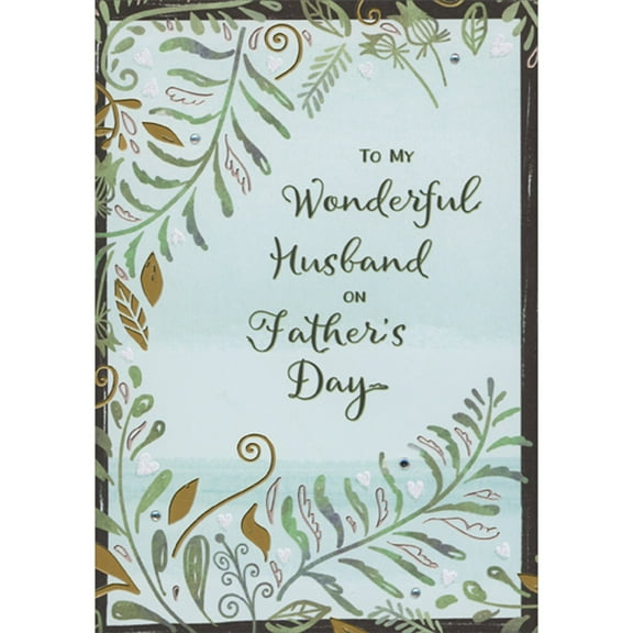 Designer Greetings Green and Gold Foil Stems and Leaves, Gems and Small White Glitter Hearts on Light Blue Hand Decorated Father's Day Card for Husband