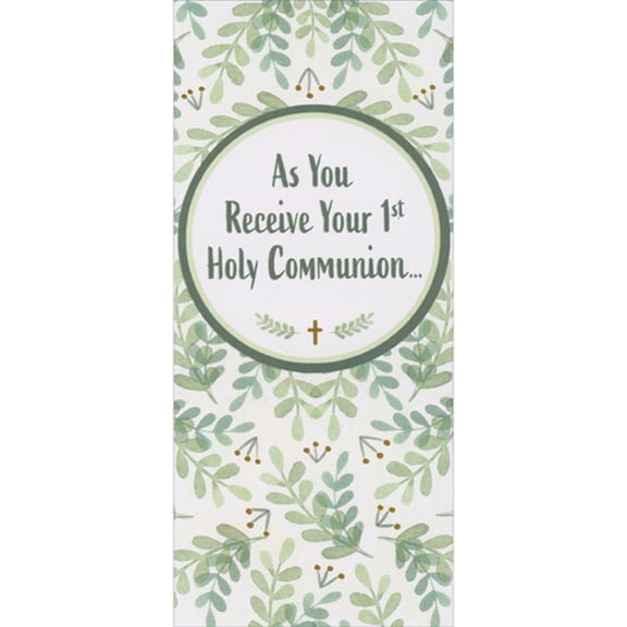 Designer Greetings Green Watercolor Branches with Gold Cross and Berries Money Holder / Gift Card Holder First Communion Card