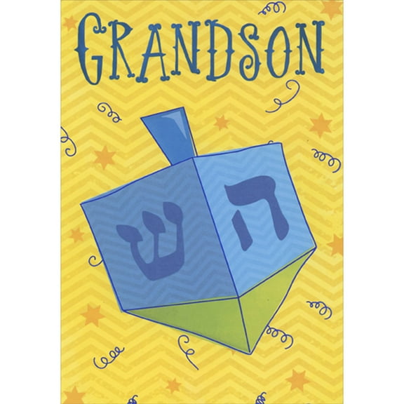 Designer Greetings Green and Blue Dreidel Over Swirls and Yellow Zig Zag Patterns Juvenile Hanukkah Card for Pre-Teen Grandson