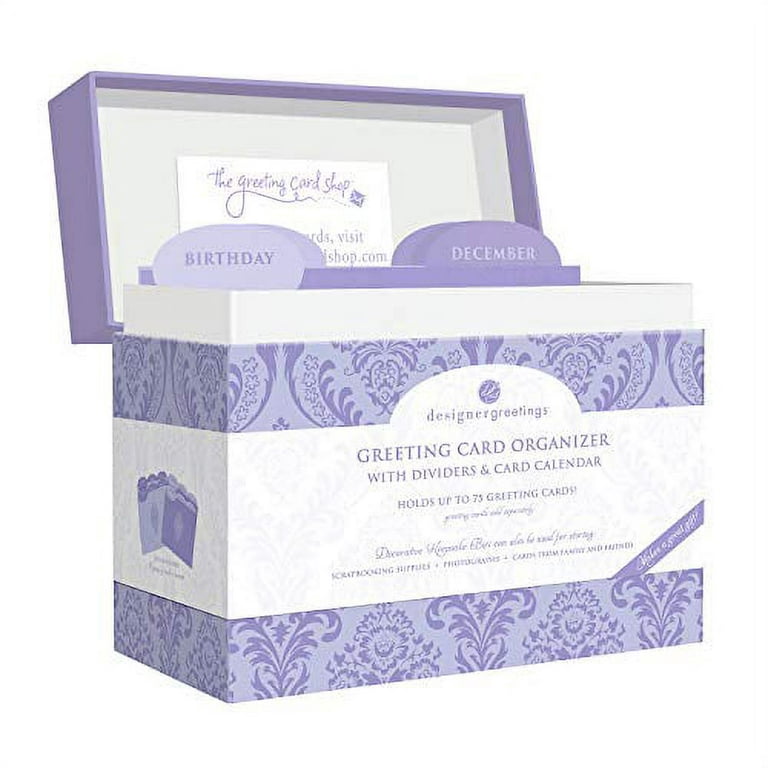 Designer Greetings Greeting Card Organizer Box with Dividers and Calendar,  Decorative Lavender Damask Pattern (9.5â€ x 7.25â€ x 6â€, Holds Up to 75  Greeting Cards), purple - large (711-00005- 