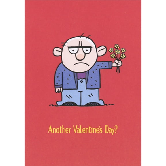 Designer Greetings Grumpy Man Holding Yellow Flowers on Red with Interactive Sliding Image Funny / Humorous Valentine's Day Card