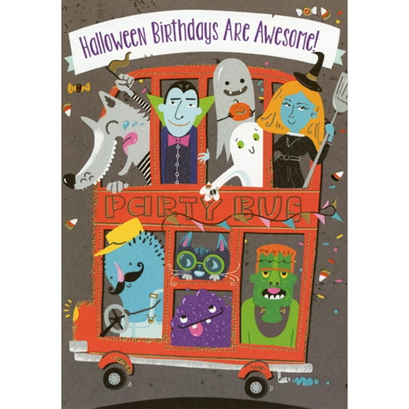 Designer Greetings Halloween Birthdays are Awesome: Monsters in Party Bus Halloween Birthday Card for Kids