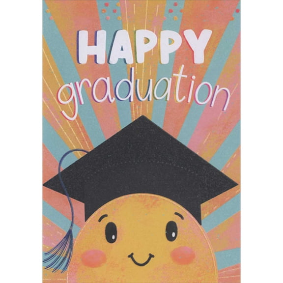 Designer Greetings Happy Graduation: Cute Yellow Smiling Circle Wearing Black Grad Cap Grade School Graduation Card