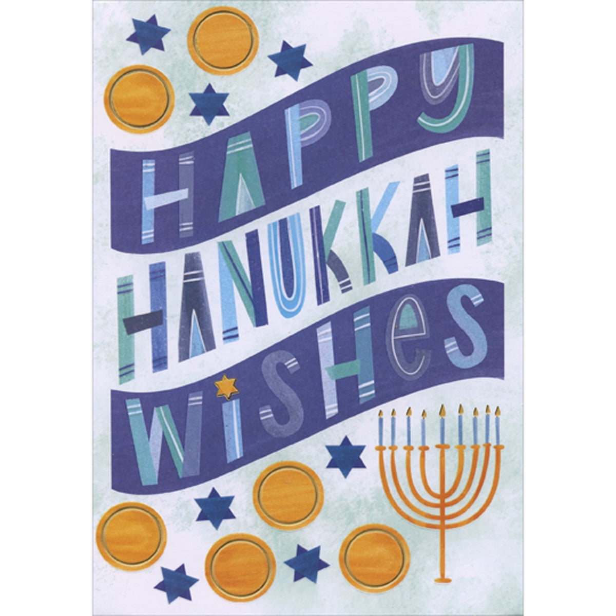 Designer Greetings Happy Hanukkah Wishes on Purple and White Banners, Gold Circles and Menorah Juvenile Hanukkah Card for Child