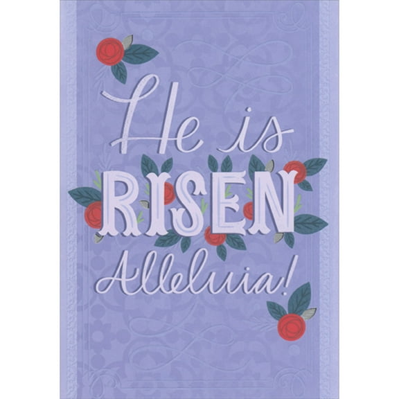 Designer Greetings He Is Risen, Alleluia: Small Red Flowers on Light Purple Religious Easter Card