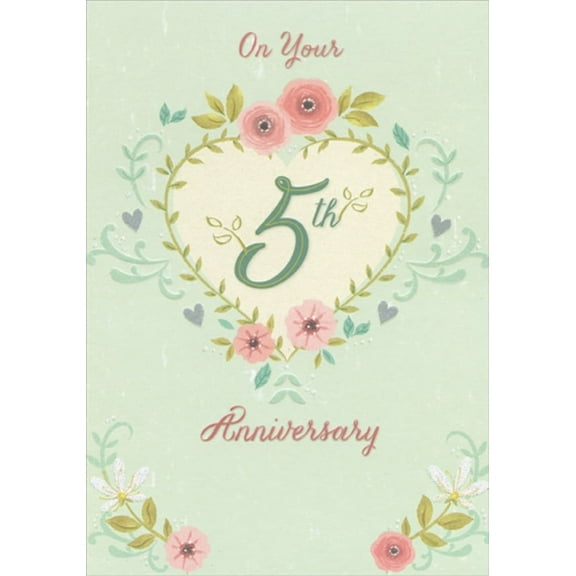 Designer Greetings Heart Shaped Vine with Pink Flowers and Violet Hearts 5th : Fifth Wedding Anniversary Congratulations Card for Couple