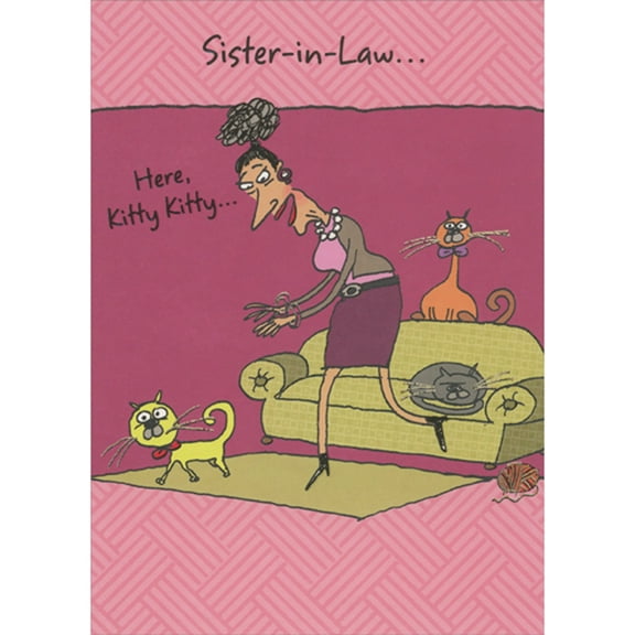 Designer Greetings Here Kitty Kitty: Woman, Cats and Green Couch Funny Valentine's Day Card for Sister-in-Law