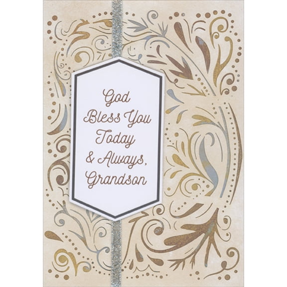 Designer Greetings Hexagon 3D Banner, Silver Ribbon and Laser Cut Swirls on Tan Hand Decorated Confirmation Card for Grandson