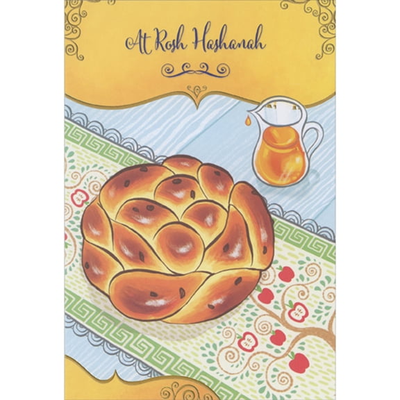 Designer Greetings Honey and Challah Bread on Tablecloth with Apple Tree Package of 8 Rosh Hashanah Cards
