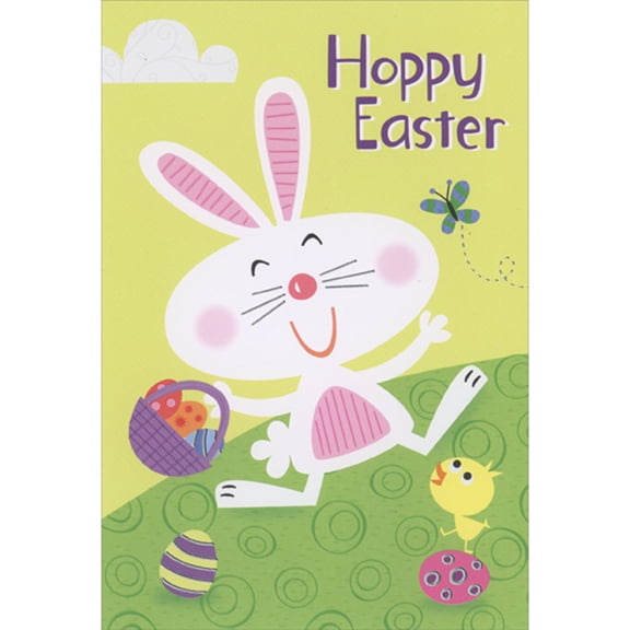Designer Greetings Hoppy Easter: Smiling Rabbit with Purple Basket, Butterfly and Chick Package of 8 Deluxe Juvenile Easter Cards for Kids