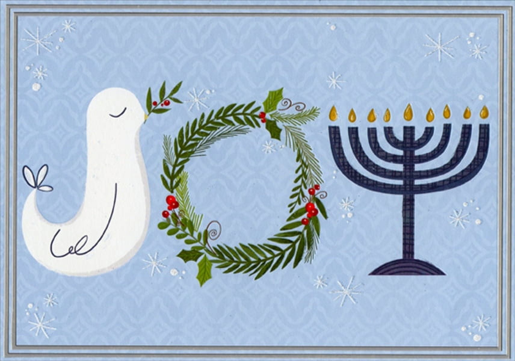 Designer Greetings Joy: Dove, Wreath and Menorah on Light Blue Box of 15 Interfaith Hanukkah / Christmas Cards