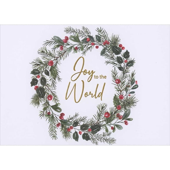 Designer Greetings Joy to the World Wreath of Holly and Evergreen Branches Box of 15 Christmas Cards