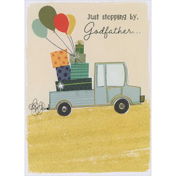 Designer Greetings Just Stopping By: Light Blue Pickup Truck, Gifts and Balloons Father's Day Card for Godfather