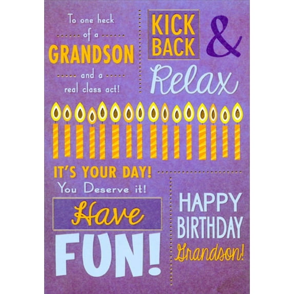 Designer Greetings Kick Back and Relax Text on Purple Grandson Birthday Card