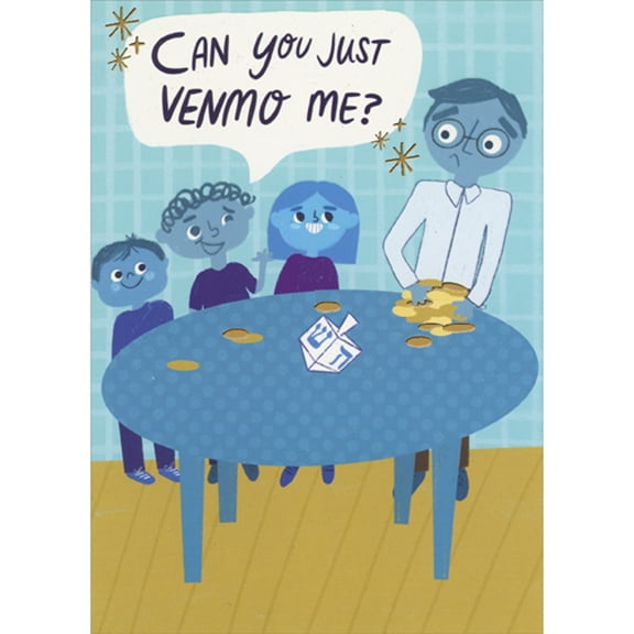 Designer Greetings Kids at Table Receiving Coins: Just Venmo Me Humorous / Funny Hanukkah Card