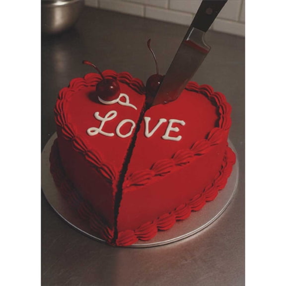 Designer Greetings Knife Cutting Slice From Heart Shaped Cherry Red Cake Funny Valentine's Day Card