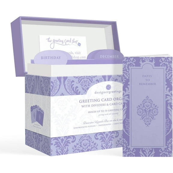 Designer Greetings Large Greeting Card Organizer Box with Reversable Dividers and Calendar, Decorative Lavender Damask Pattern (9.5 x 7.25 x 6, Holds Up to 75 Greeting Cards)