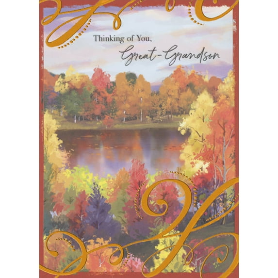 Designer Greetings Large Orange Foil Swirls Over Watercolor Lake and Colorful Trees Thanksgiving Card for Great-Grandson