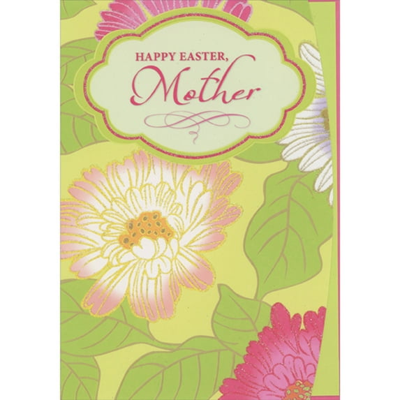 Designer Greetings Large Sparkling Light Pink Flower and Large Green Leaves Curved Die Cut Edge Easter Card for Mother