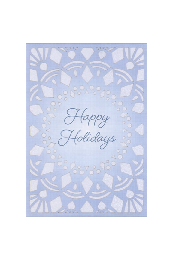 Laser Cut Window Shapes on Blue Over White Holographic Background Happy Holidays Card