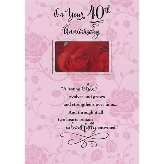 Designer Greetings Lasting Love: Red Rose Closeup Inside Rectangular Die Cut Window 40th : Fortieth Wedding Anniversary Congratulations Card for Couple