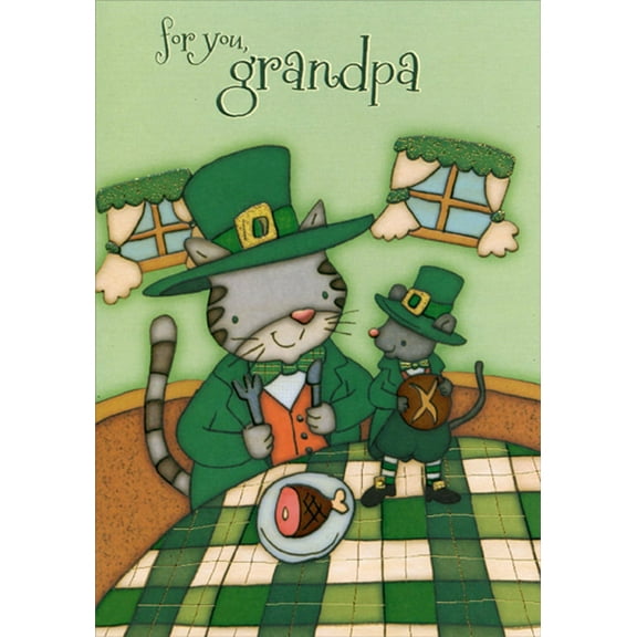 Designer Greetings Leprechaun Cat and Mouse at Dinner Table Juvenile St. Patrick's Day Card for Grandpa